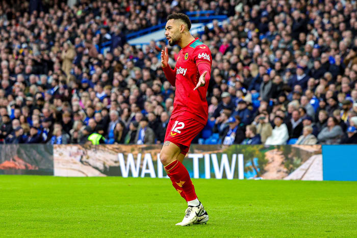 Matheus Cunha pictured celebrating one of his three goals during a 4-2 win for Wolves against Chelsea in February 2024
